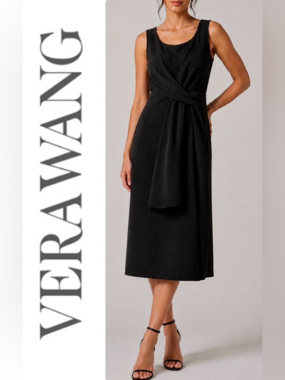 Vera Wang Black Silk Wool Draped Waist Midi Dress Size 8